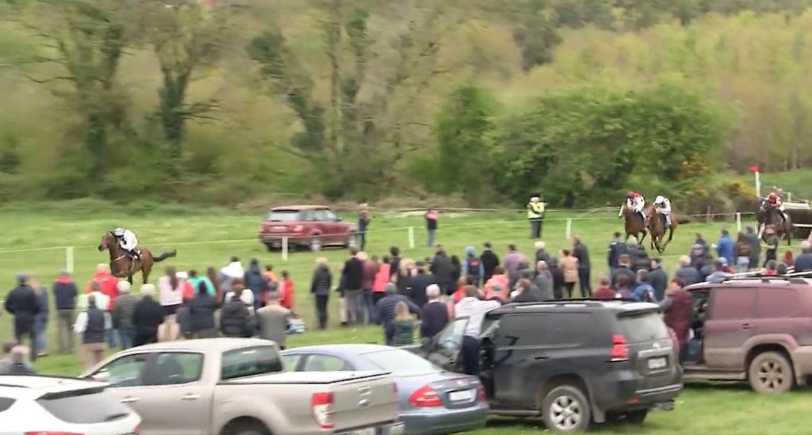 Horse race finish with spectators.
