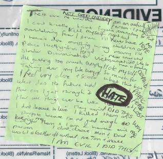 Undated handout file photo issued by the Crown Prosecution Service (CPS) of a note found in the house of Lucy Letby, which was shown at her trial at Manchester Crown Court. Nurse Lucy Letby, 33, has been found guilty at Manchester Crown Court of the murders of seven babies and the attempted murders of six others at the Countess of Chester Hospital. Issue date: Friday August 18, 2023. PA Photo. See PA story COURTS Letby. Photo credit should read: CPS/PA Wire NOTE TO EDITORS: This handout photo may only be used for editorial reporting purposes for the contemporaneous illustration of events, things or the people in the image or facts mentioned in the caption. Reuse of the picture may require further permission from the copyright holder.
