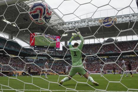 Soccer goalie Manuel Neuer watches a goal go in.