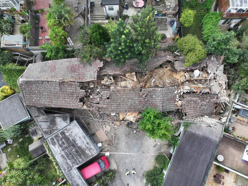 Aerial view of a collapsed building.