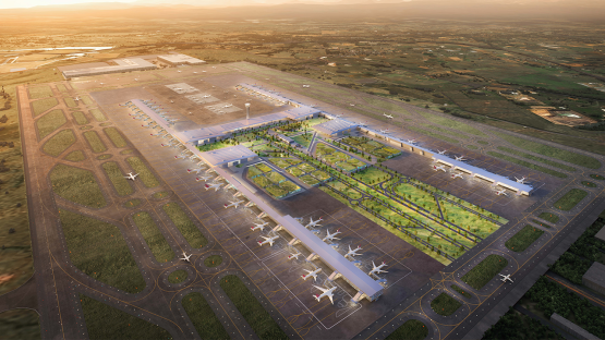 Illustration of Western Sydney Airport's four-level terminal and runways.
