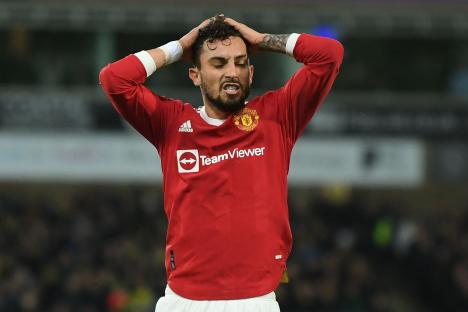 Alex Telles of Manchester United reacts to a missed chance.