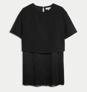 Black short-sleeved top with fringe detail.
