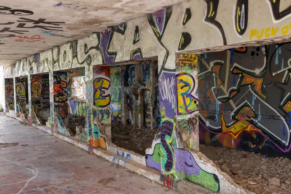 Graffiti-covered ruins of a former Ibiza superclub.