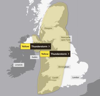 Map of UK with yellow thunderstorm warning.
