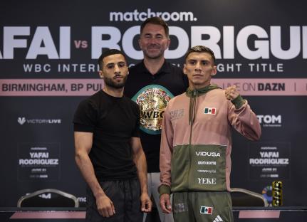Galal Yafai and Francisco Rodriguez Jr. at a press conference for their WBC super flyweight title fight.