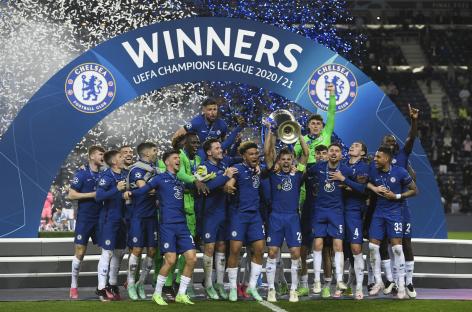 Chelsea players celebrating their Champions League victory.