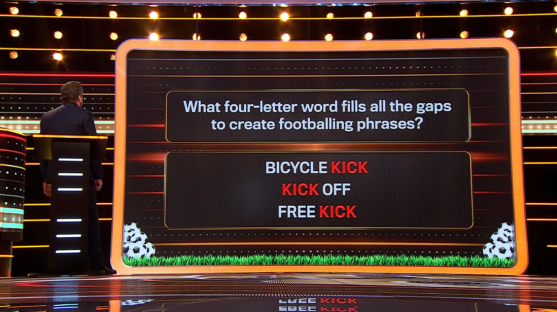 Screenshot of a game show question: What four-letter word completes the phrases