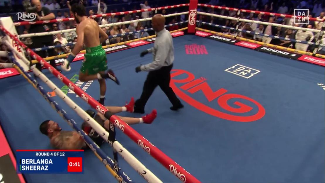 Boxer Berlanga down in the ring during a match against Sheeraz.