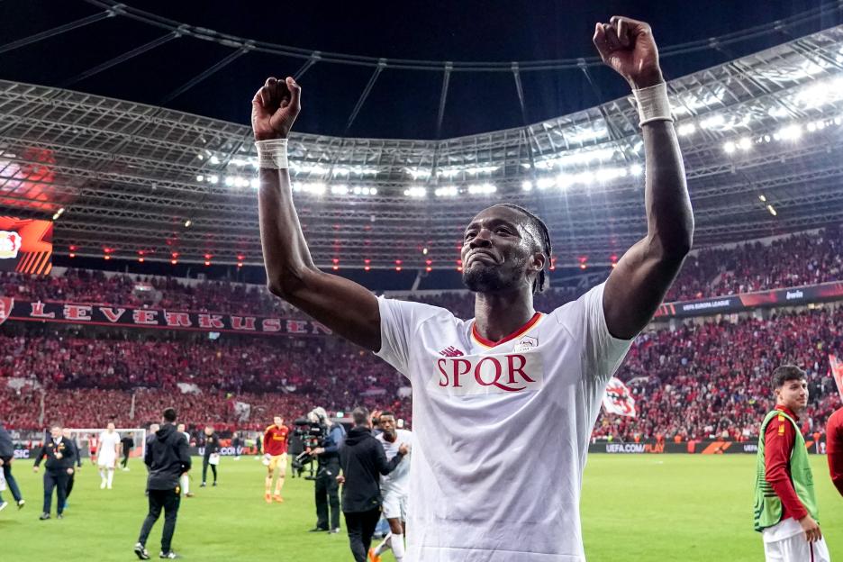 Tammy Abraham of A.S. Roma celebrates after a UEFA Europa League match.