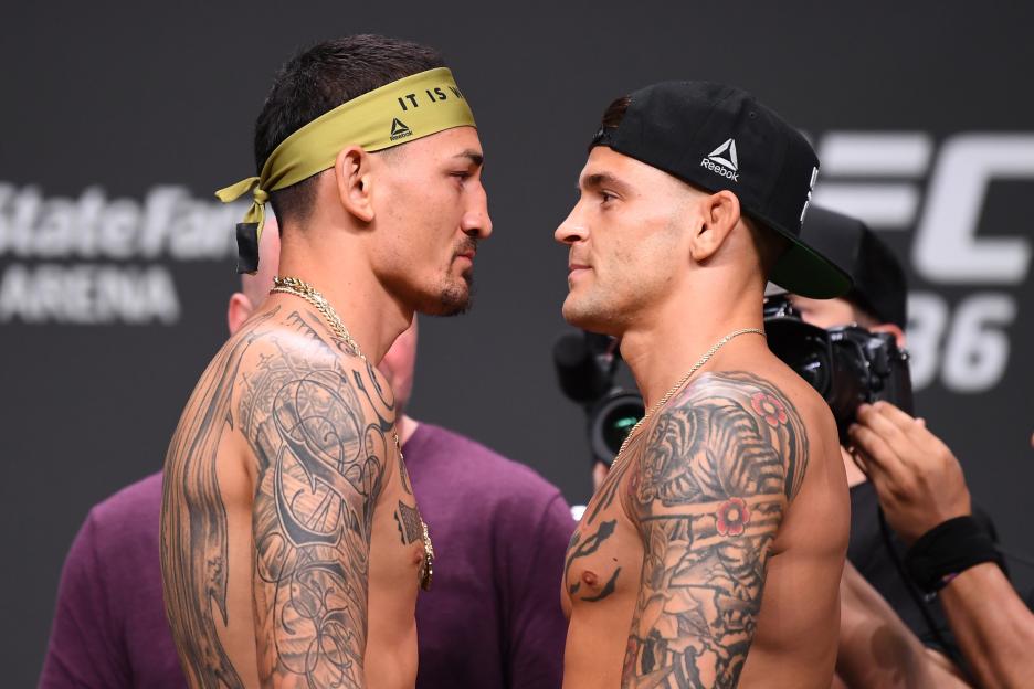 ATLANTA, GA - APRIL 12: (L-R) Max Holloway and Dustin Poirier face off during the UFC 236 weigh-in at State Farm Arena on April 12, 2019 in Atlanta, Georgia. (Photo by Josh Hedges/Zuffa LLC/Zuffa LLC via Getty Images)