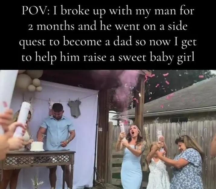Photo of a gender reveal party; pink confetti is released.