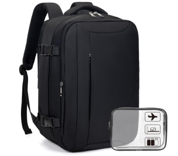 Black carry-on backpack with travel organizer.