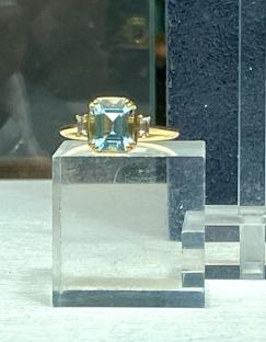 Aquamarine ring on display.