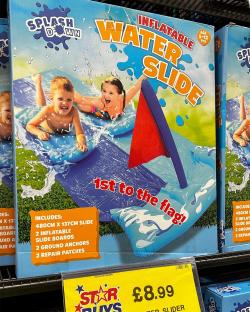 Inflatable water slide with two children; £8.99.