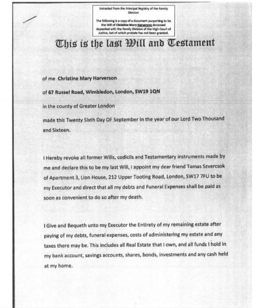 Christine Harverson's last will and testament.