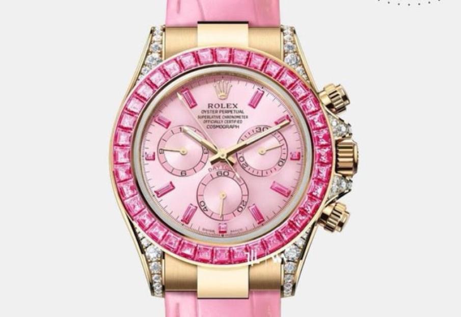 Pink Rolex Daytona watch with diamonds and pink sapphires.