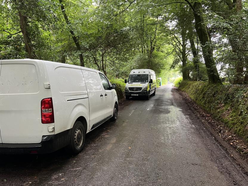 Police vans parked on a wooded road during a murder investigation.