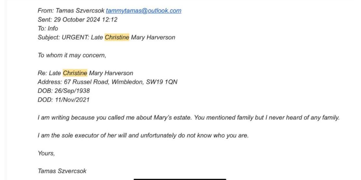 Email regarding the estate of Christine Mary Harverson.