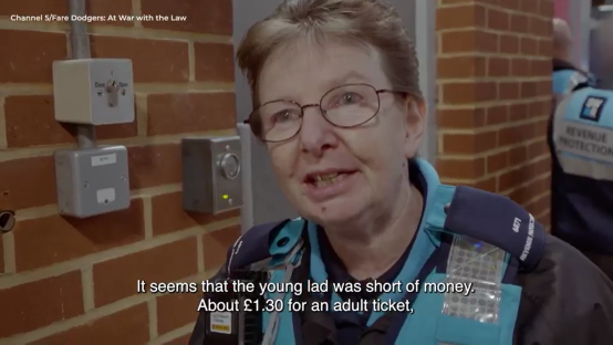 Screenshot of a woman in a uniform talking about a fare dodger.