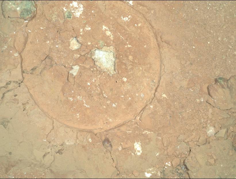 Mars Perseverance rover image of a 5-centimeter abrasion patch at Serpentine Rapids.