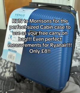 A blue cabin suitcase, recommended for use as a free carry-on bag for Ryanair flights, costing £8.