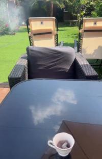 A teacup with smoke emitting from it sits on a glass table in front of patio chairs on a lawn.