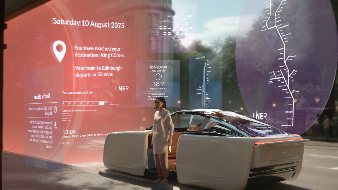 Illustration of a woman entering a self-driving vehicle at a train station, with digital displays showing travel information.