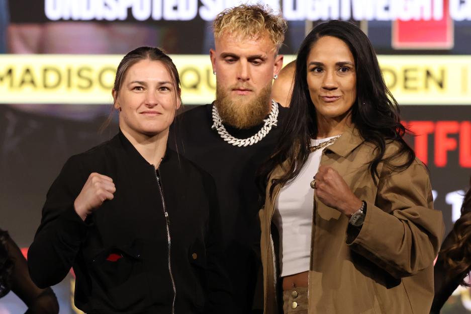 Katie Taylor and Amanda Serrano facing off at a press conference.
