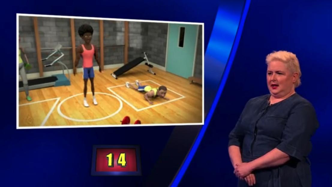 Illustration of Celebrity Catchphrase game show: animated gym scene and Siobhán McSweeney.
