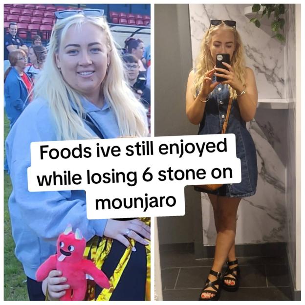 Before and after photos showing a woman's weight loss journey on Mounjaro.