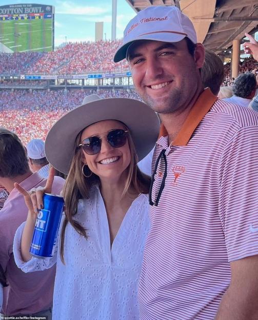 Scottie Scheffler and his wife Meredith at a football game.