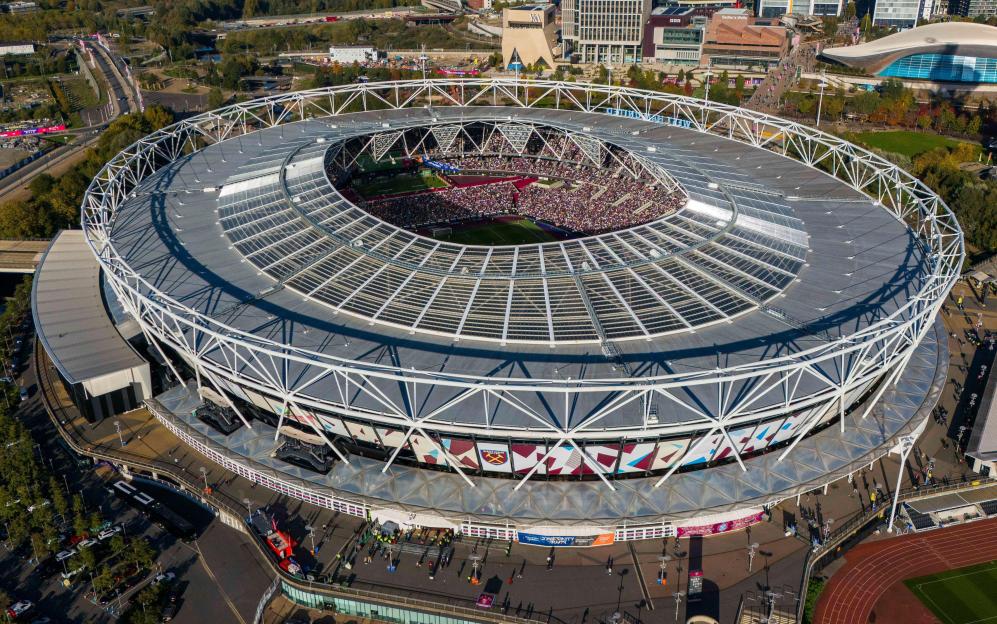 Aerial view of the London Stadium during a West Ham United FC soccer match.