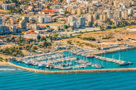 Aerial view of Larnaca marina and city.