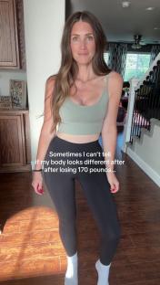 Woman in workout clothes after losing 170 pounds.