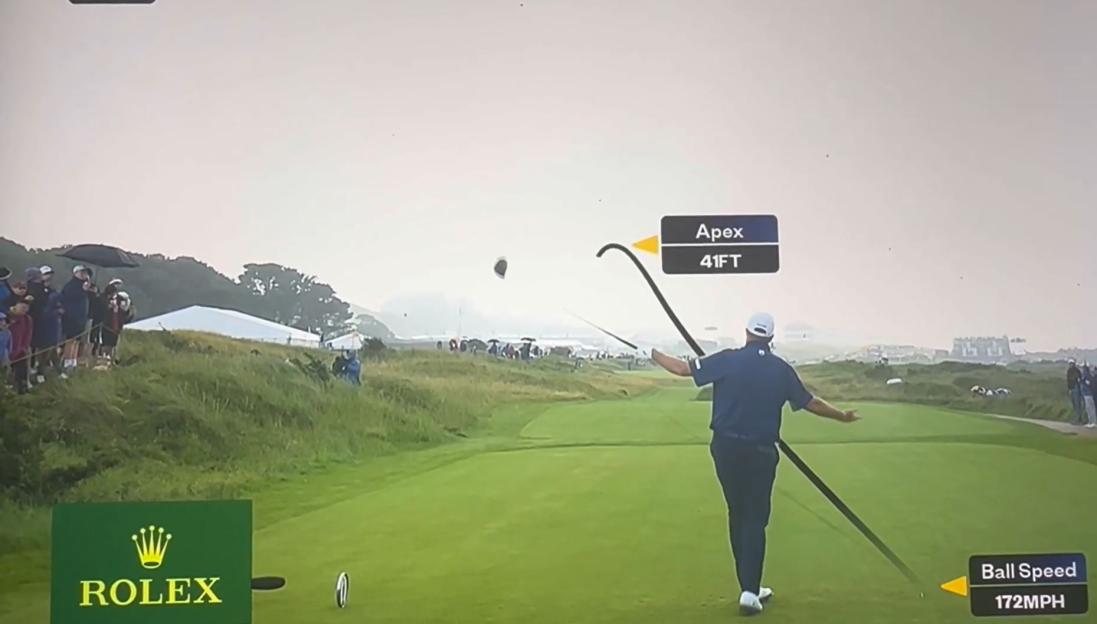 Golfer hitting a golf ball, ball speed 172 mph, apex 41 ft.