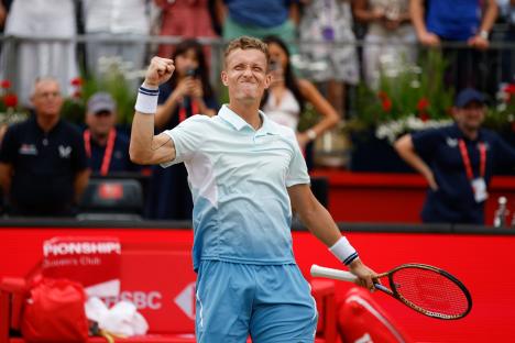 Jiri Lehecka of Czechia celebrates winning his Queen's Club Championships tennis semi-final match.