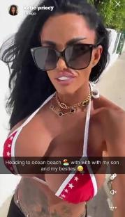 Katie Price in a red bikini top, heading to the beach with her son and friends.