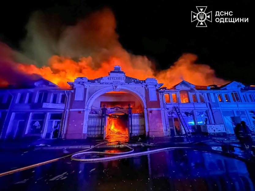 The Privoz Market in Odesa, Ukraine, on fire after a Russian attack.