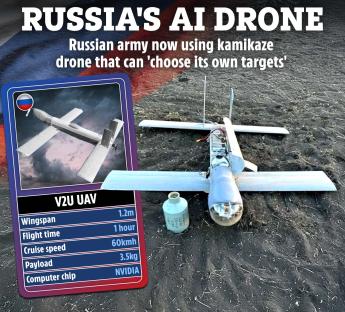 Illustration of Russia's AI kamikaze drone with specifications.