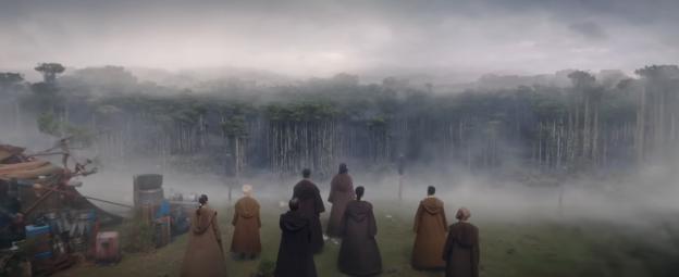 A group of people in robes stand facing a foggy forest.