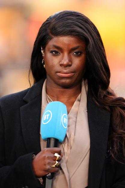 WOLVERHAMPTON, ENGLAND - APRIL 25: Eniola Aluko working for BT Sport during the Premier League match between Wolverhampton Wanderers and Crystal Palace at Molineux on April 25, 2023 in Wolverhampton, United Kingdom. (Photo by Matthew Ashton - AMA/Getty Images)