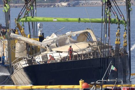 The wrecked superyacht Bayesian being salvaged off the coast of Sicily.