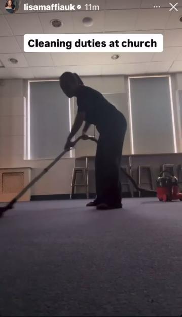 Lisa Maffia vacuuming at a church.