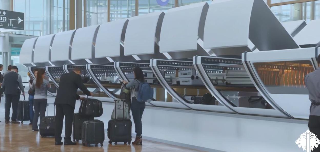 Illustration of an airport of the future with passengers checking in at futuristic baggage drop-off kiosks.