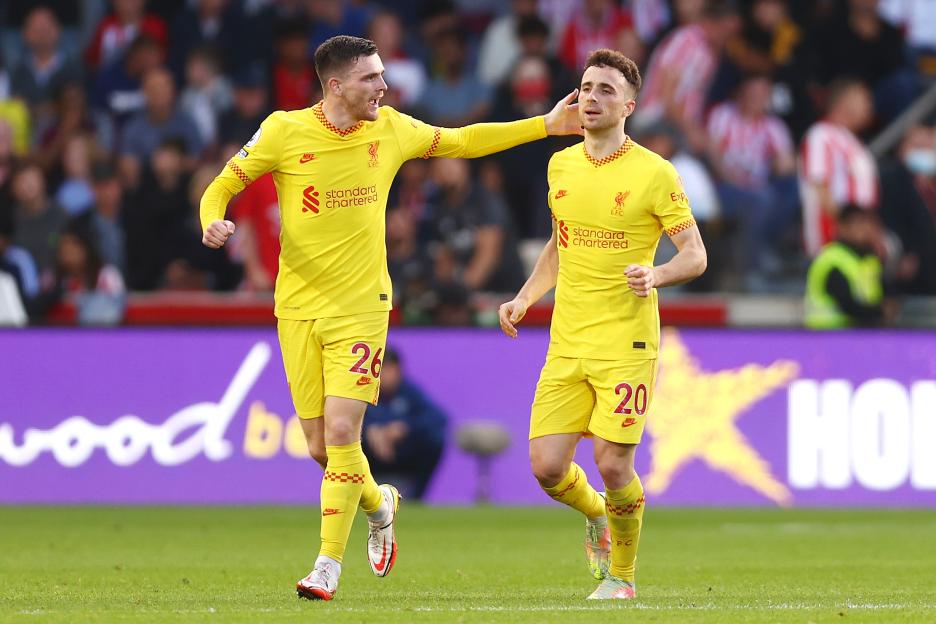 Diogo Jota and Andrew Robertson of Liverpool celebrating a goal.