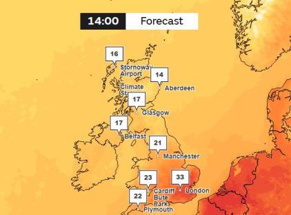 UK weather forecast map showing temperatures at 2 PM.