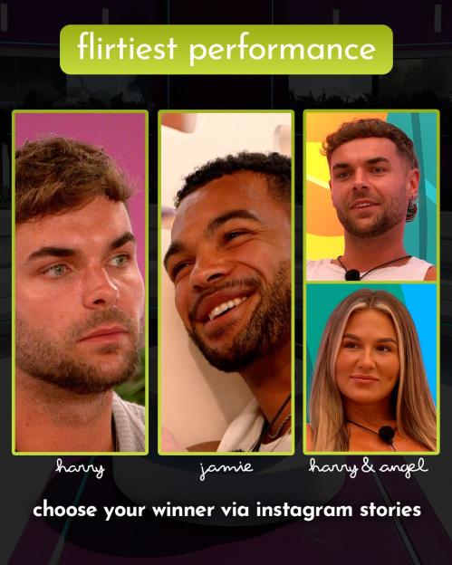 Collage of Love Island contestants; vote for the flirtiest performance via Instagram Stories.