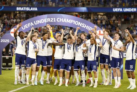 England's under-21 football team celebrates winning the UEFA Under-21 Championship.