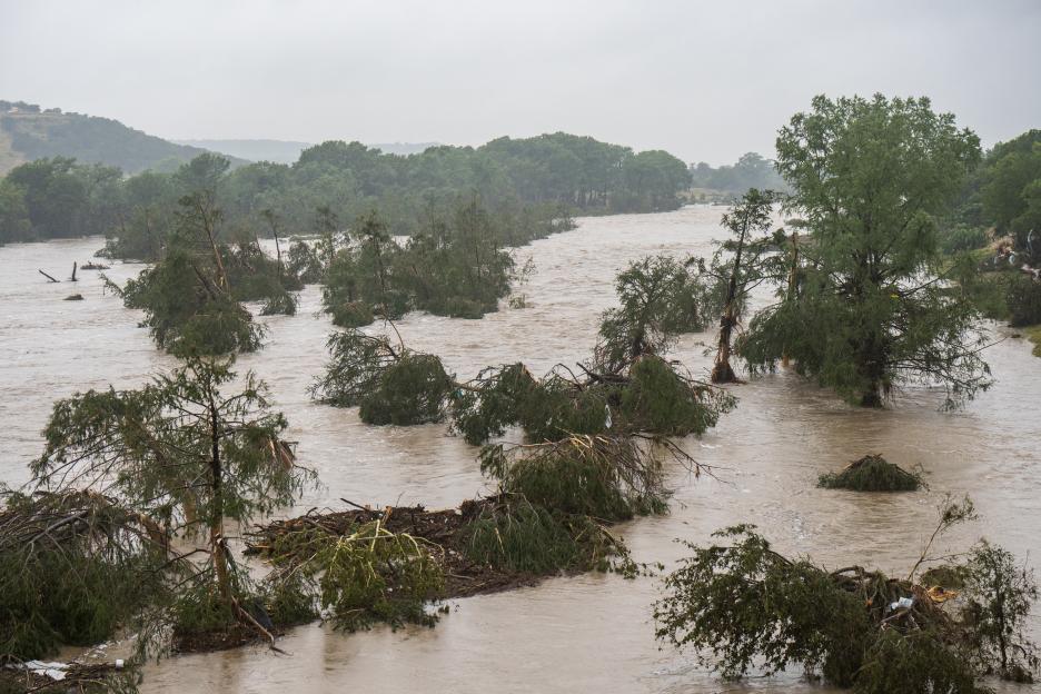 Flooded river with submerged trees and debris.